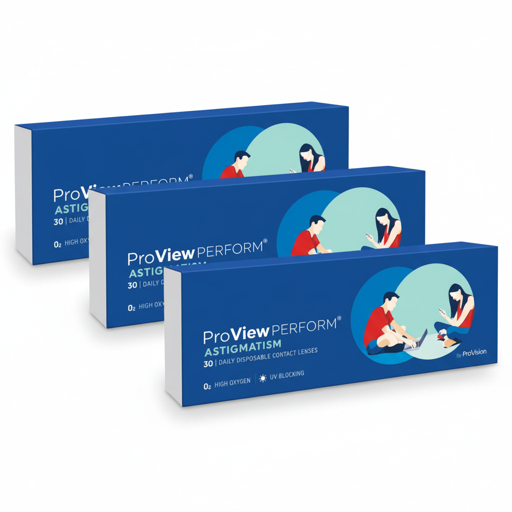 Three ProView Perform Astigmatism contact lens boxes arranged in a staggered cascade 3-pack formation